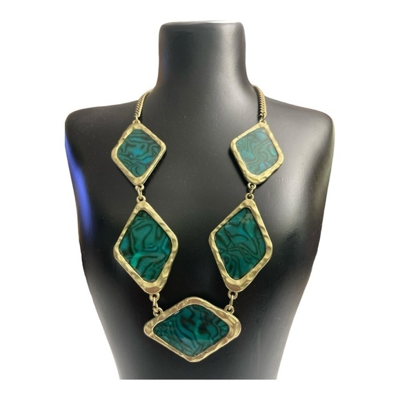 Diamond Shape Gold Tone Necklace With Cascading Deep Green tones. - Picture 2 of 9